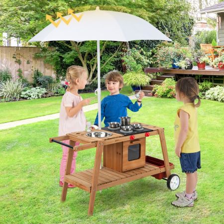 Carrello da gioco in legno con ombrellone antisolare forno a legna simulato, Trolley da gioco per bambini
