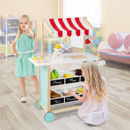 Costway Carretto dei gelati con ripiani di legno per bambini +3 anni, Supermercato per bambini con 6 gelati giocattolo