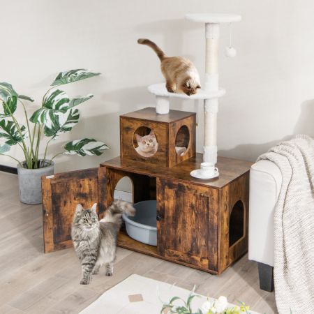 Casa per lettiera per gatti in legno con torr pallina tintinnante divisorio, Mobile per gatti da interno Marrone