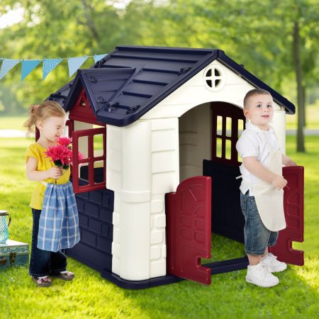 Costway Casetta per bambini con porte finestre tavolo, Set giocattolo con 7 pezzi con copertura impermeabile Blu