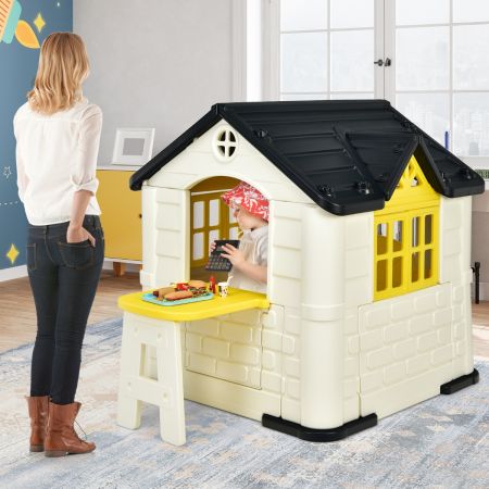 Costway Casetta per bambini con porte finestre tavolo, Set giocattolo con 7 pezzi con copertura impermeabile Giallo