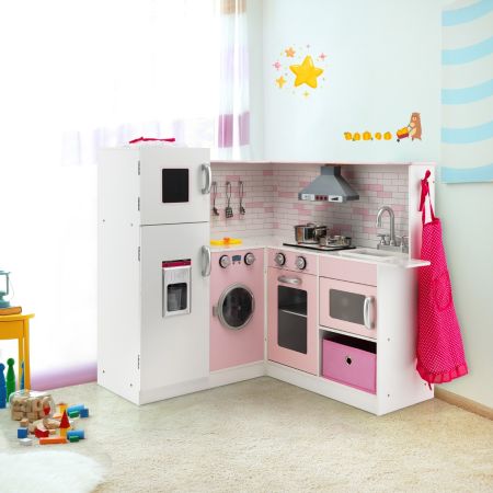 Cucina giocattolo ad angolo in legno per bambini, Mini cucina giocattolo con luci e suoni interattivi Rosa