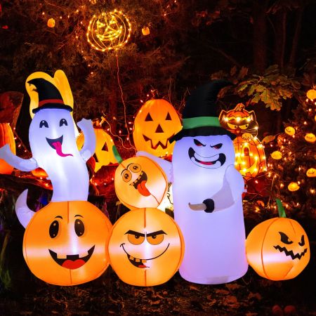 Costway Decorazione gonfiabile di Halloween, 4 zucche e 2 fantasmi con cappello da strega  6 luci LED potente soffiatore