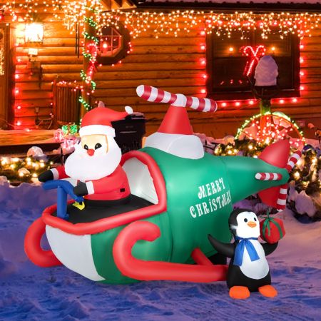 Costway Decorazioni gonfiabili natalizi con luci LED e soffiatore, Babbo Natale guida un elicottero un simpatico pinguino
