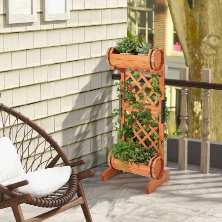 Fioriera da giardino con traliccio 2 mezze botti e grigliato per piante, Fioriera verticale da esterno Arancione