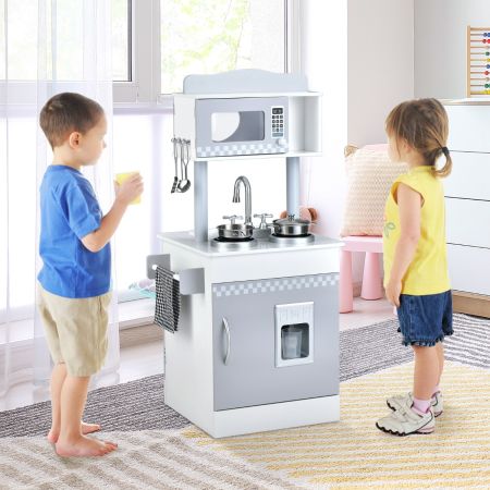 Gioco cucina per bambini a doppio lato con fornelli lavello orologio e ganci, Set cucina realistica in legno