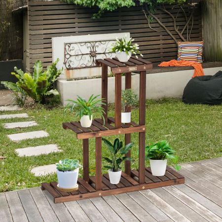 Scaffale per piante in legno con 3 livelli, Scaffale verticale carbonizzato per giardino balcone cortile