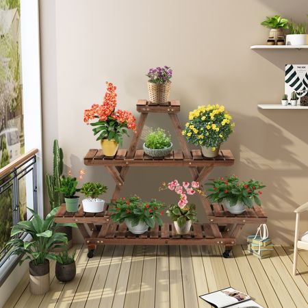 Costway Scaffale triangolare di legno per piante e fiori con ruote a 4 livelli, Espositore multifunzionale per piante