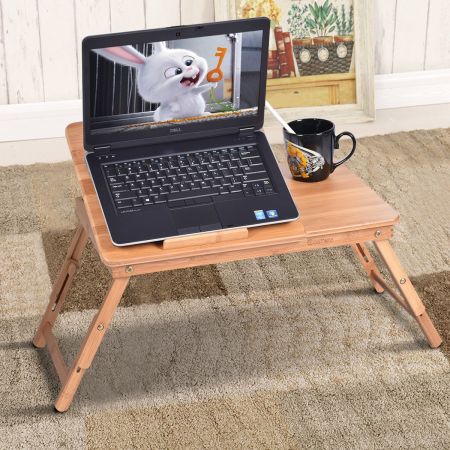 Tavolino di bambù per computer, Tavolino con vassoio regolabile e superficie inclinabile