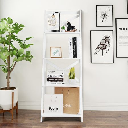 Scaffale a scala in legno a 4 ripiani per soggiorno Libreria mobile portaoggetti 51x46x143cm Bianco