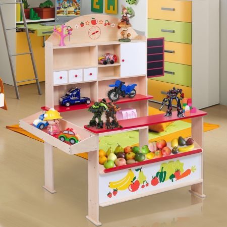 Costway Negozio giocattolo in legno per bambini Set da negozio gioco per bimbi con lavagna cassetti e ripiani