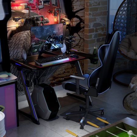 Scrivania da gaming ergonomica con luci e tappetino per il mouse, Tavolo per videogame con porta auricolari Nero