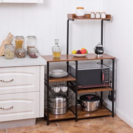 Scaffale da cucina 90 cm con 4 livelli, Scaffale per microonde con mensole vintage cestini a rete e 5 ganci, Marrone