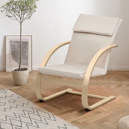 Poltrona reclinabile di legno, Sedia moderna con braccioli e cuscino in simil-lino smontabile, Beige