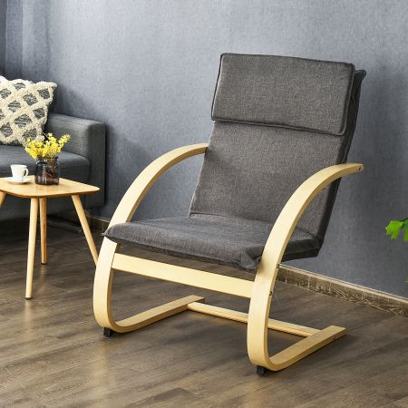 Poltrona reclinabile di legno, Sedia moderna con braccioli e cuscino in simil-lino smontabile, Grigio