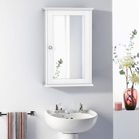 Armadio del bagno con specchio, Armadietto montato a muro con un’anta, Bianco