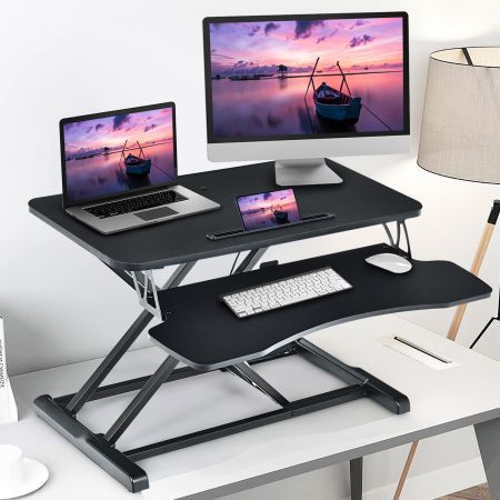 Rialzo per scrivania, Supporto 80 cm regolabile in altezza con vassoio per tastiera e porta tablet, Nero