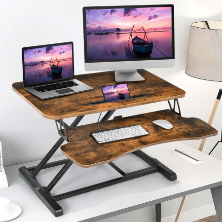 Rialzo per scrivania, Supporto 80 cm regolabile in altezza con vassoio per tastiera e porta tablet, Marrone