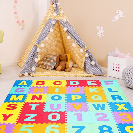 Costway Tappeto puzzle per bambini (36 pezzi), Tappetino in schiuma con lettere e numeri, 31,5 x 31,5 cm