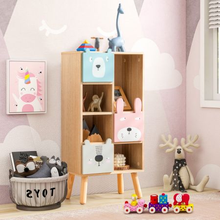 Libreria per bambini con 3 cassetti scomparti aperti per giocattoli libri, Mobile portagiochi 40x25x83cm Naturale