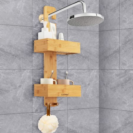 Costway Mensole a 2 livelli da doccia in bambù, Portaoggetti impermeabile con 2 ganci per shampoo balsamo sapone Naturale