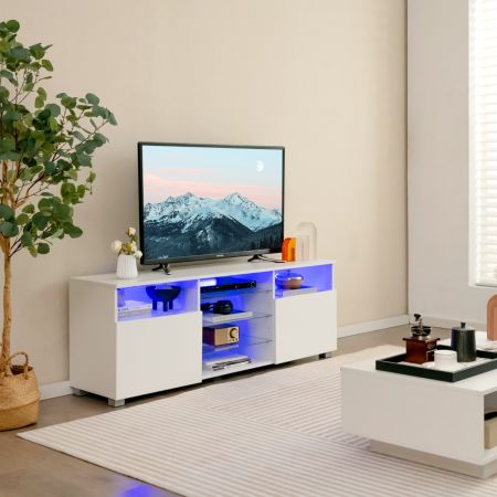 Mobile TV moderno con luci LED per televisori, Centro multimediale con ripiani in vetro regolabili 2 porte Bianco
