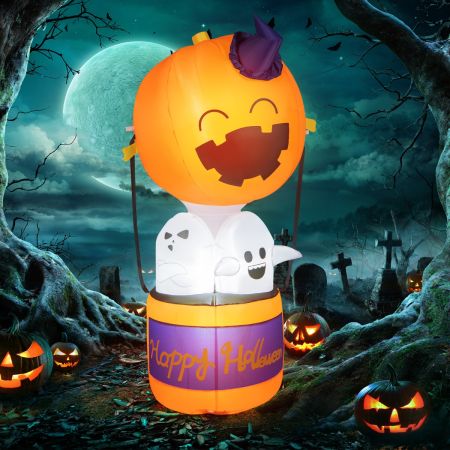 Costway Mongolfiera gonfiabile con zucca fantasmi per Halloween, Decorazione festiva con luci LED 4 paletti 2 corde 180cm