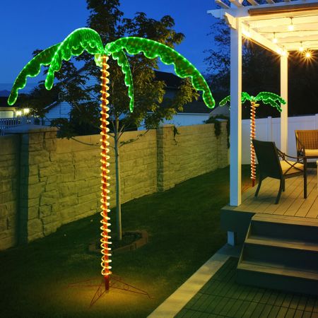 Costway Palma artificiale con luci LED e pali solidi, Palma decorativa illuminata con base pieghevole 175x120x168cm