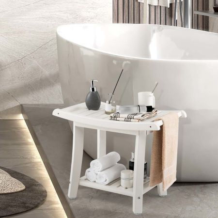 Costway Panca da doccia impermeabile con sedile curvo ripiano per riporre gli oggetti, Sgabello da bagno versatile Bianco
