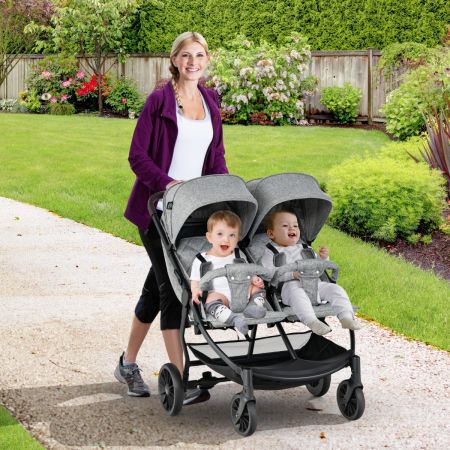 Costway Passeggino doppio pieghevole per bambini con schienale regolabile, Passeggino portatile per neonati Grigio