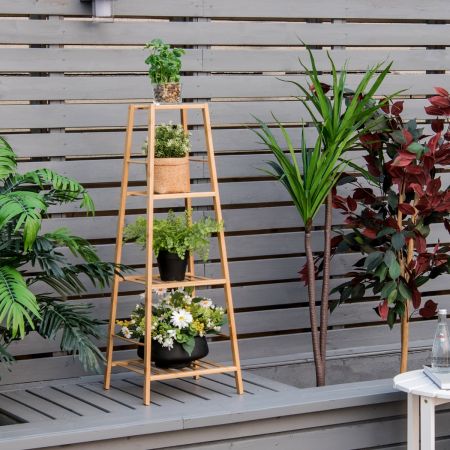 Costway Porta fiori di bambù con 4 livelli per interno ed esterno, Scaffale a scala angolare stabile per piante Naturale