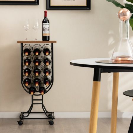 Portabottiglie per vino con ruote staccabili e bloccabili, Mobile porta vino con struttura in metallo Nero