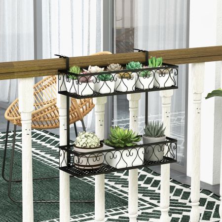 Portavasi a 2 livelli con ganci regolabili da 5,5-12,5cm, Contenitore per piante in vaso in metallo per patio