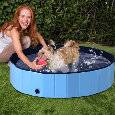 Piscina pieghevole diametro 120 cm per cani, Piscina con valvola di drenaggio girevole, Azzurro