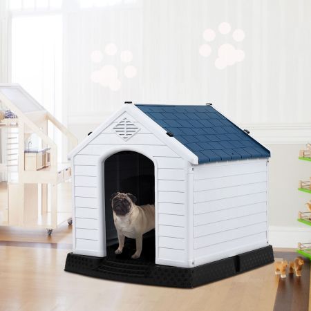 Casetta impermeabile e ventilata per cani, Cuccia con valvole d’aria e pavimento rialzato, Blu