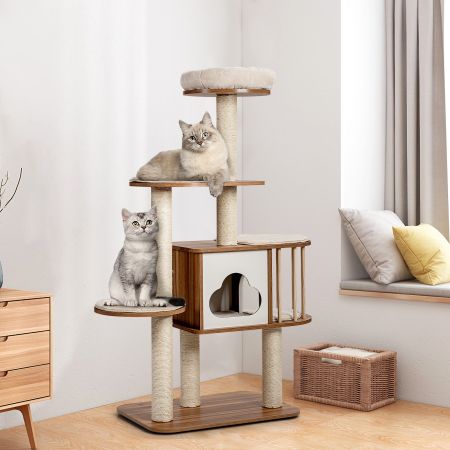 Albero attività multilivello per gatti, Torre con tiragraffi in sisal trespolo felpato casetta e piattaforme