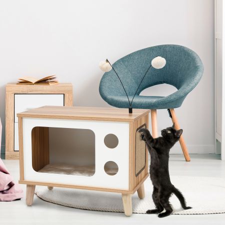 Casetta a forma di TV per gatti, Lettino per gatti con tiragraffi cuscino e giocattoli rimovibili, Naturale
