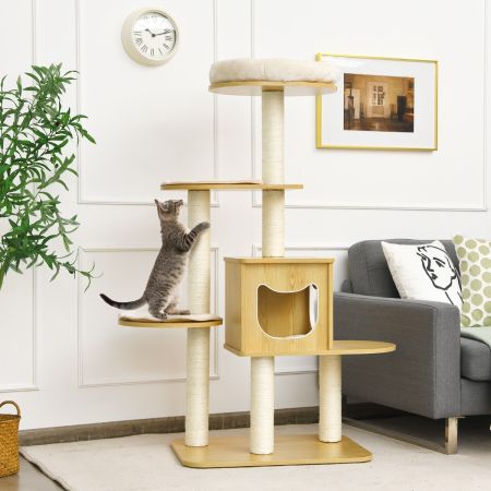 Costway Albero 135 cm per gatti con 4 livelli e tiragraffi resistenti, Torre con piattaforma e tappetini rimovibili