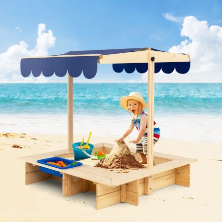 Costway Recinto di legno per sabbia giocattolo con tettuccio regolabile, Stazione di gioco per bambini per cortile