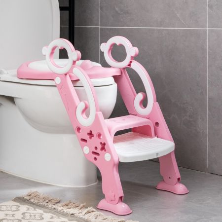Costway Scaletta regolabile e pieghevole per WC, Sgabello imbottito con scala maniglie per bambini e bambine Rosa
