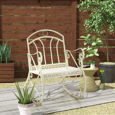 Sedia a dondolo da patio con schienale braccioli ergonomici struttura in metallo,  Sedia dondolo elegante Beige
