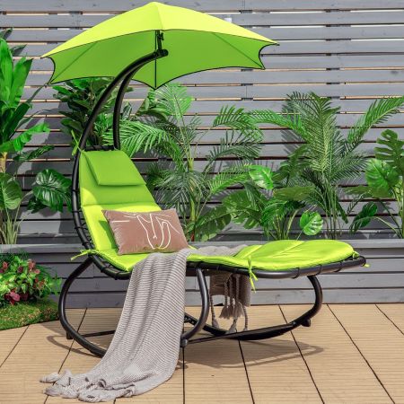 Costway Sedia amaca con parasole con cuscino rimovibile, Sedia a sdraio da esterno in acciaio verniciato Verde