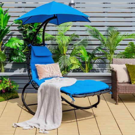 Costway Sedia amaca con parasole con cuscino rimovibile, Sedia a sdraio da esterno in acciaio verniciato Blu