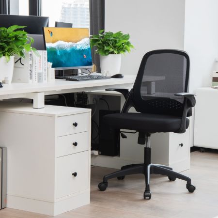 Costway Sedia da ufficio ergonomica con braccioli ribaltabili, Sedia da scrivania a rete con schienale medio Nero