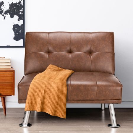 Costway Sedia divano singolo con schienale regolabile gambe in metallo, Divano letto per soggiorno studio ufficio Marrone