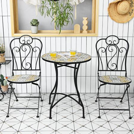 Costway Set di 3 pezzi da esterno con design a mosaico e motivo floreale, Set con tavolo rotondo e 2 sedie pieghevoli