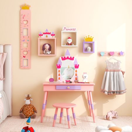 Set da toletta per bambini con specchio cassetto e piano rimovibile, Tavolo da trucco e sgabello in legno Rosa