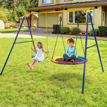 Set di 2 altalene con supporto in acciaio per bambini da 3 pezzi, Altalena elastica e a disco volante per parco