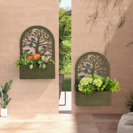 Set di 2 fioriere rialzate con grigliati in metallo spalliera per piante, Fioriere a muro da esterno Verde scuro