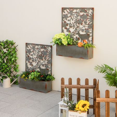 Set di 2 aiuole decorative rialzate da parete con grigliato, 2 fioriere autoportanti in metallo per piante Grigio